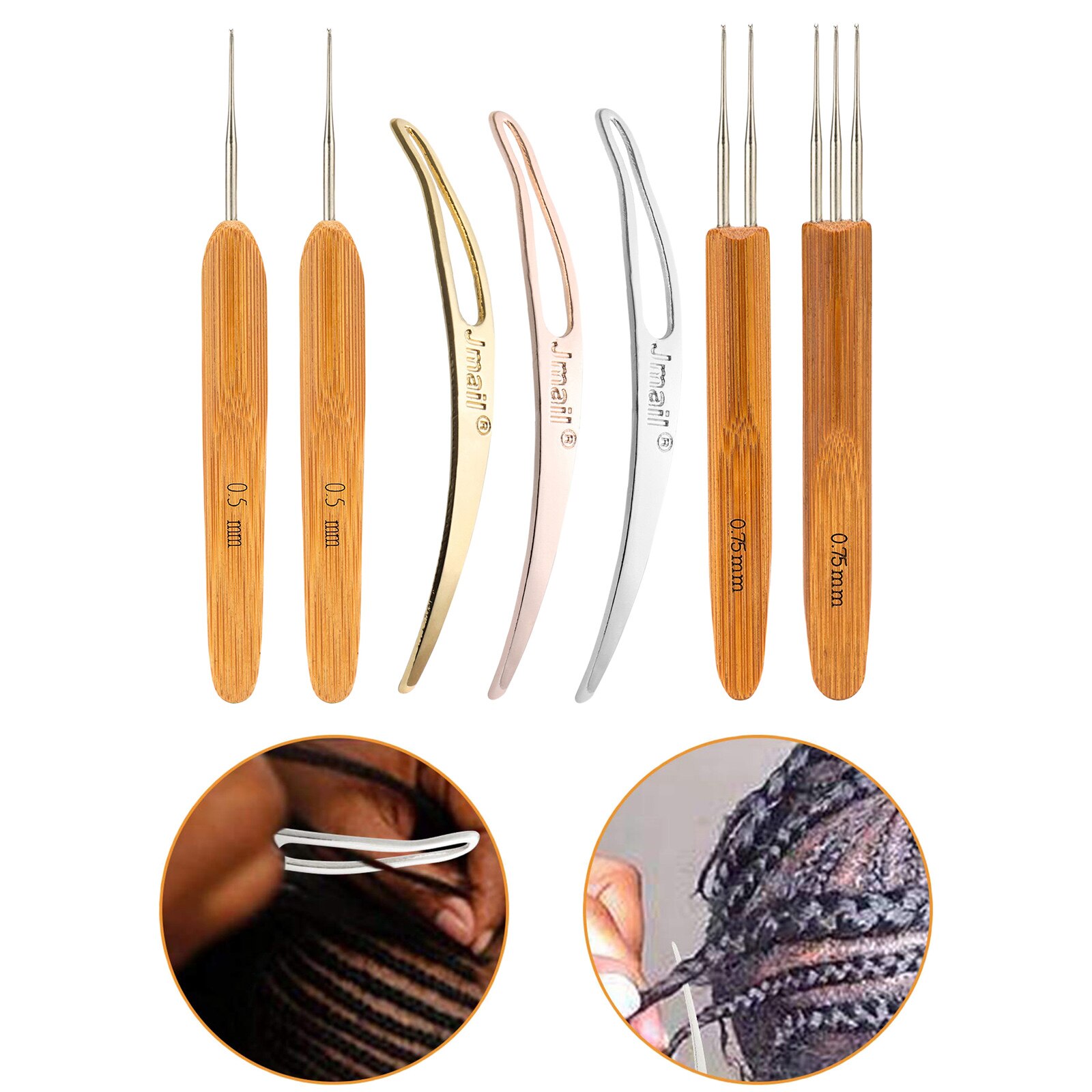 7 stk/sett profeesional dreadlock heklet bambus håndtak krok 0.5mm 0.75mm 1- kroker 2- kroker 3- kroker nål for dreads lås nål