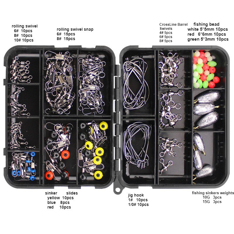 160pcs/box Fishing Accessories Kit Including Jig Hooks fishing Sinker weights fishing Swivels Snaps with fishing tackle box Fish