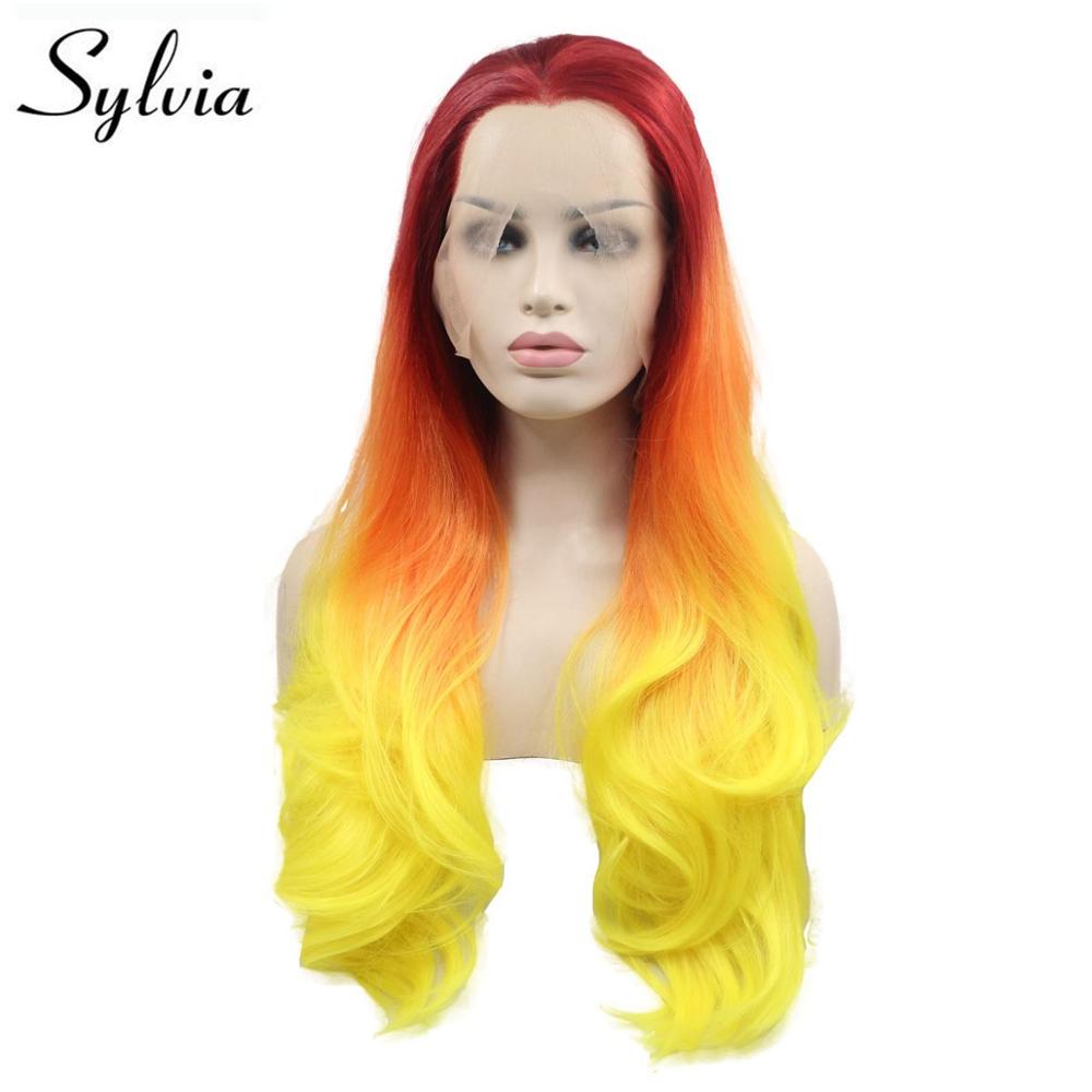 Sylvia Pruik Lang Golvend Haar Synthetische Lace Front Geel Pruik Voor Vrouwen Ombre Oranje Hittebestendige Vezel Haar Cosplay Pruik lijmloze