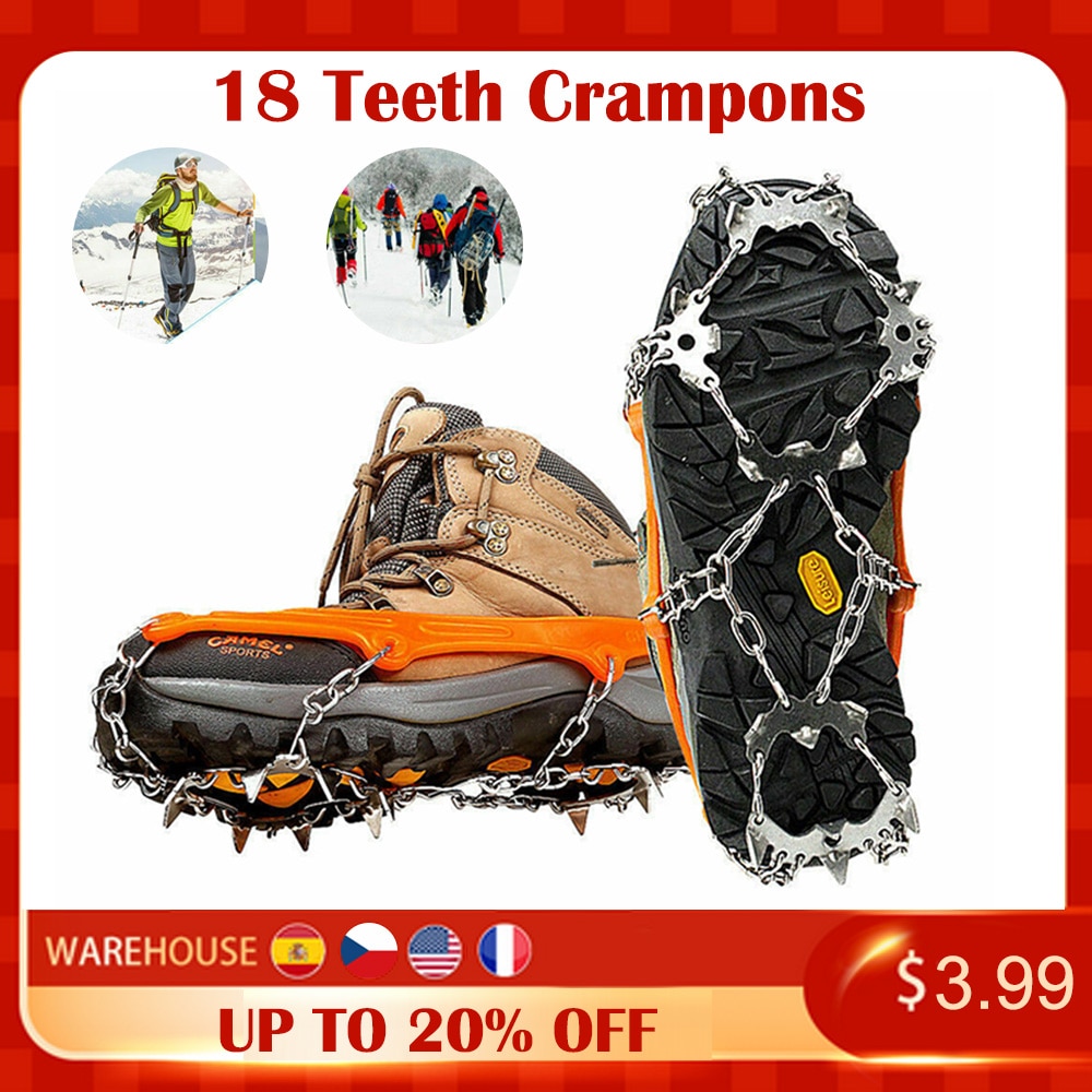 1Pair 18 Teeth Ice Snow Crampons Anti-Slip Climbing Ice Gripper Shoe Covers Spike Cleats Snow Skid Shoe Cover raki Crampon