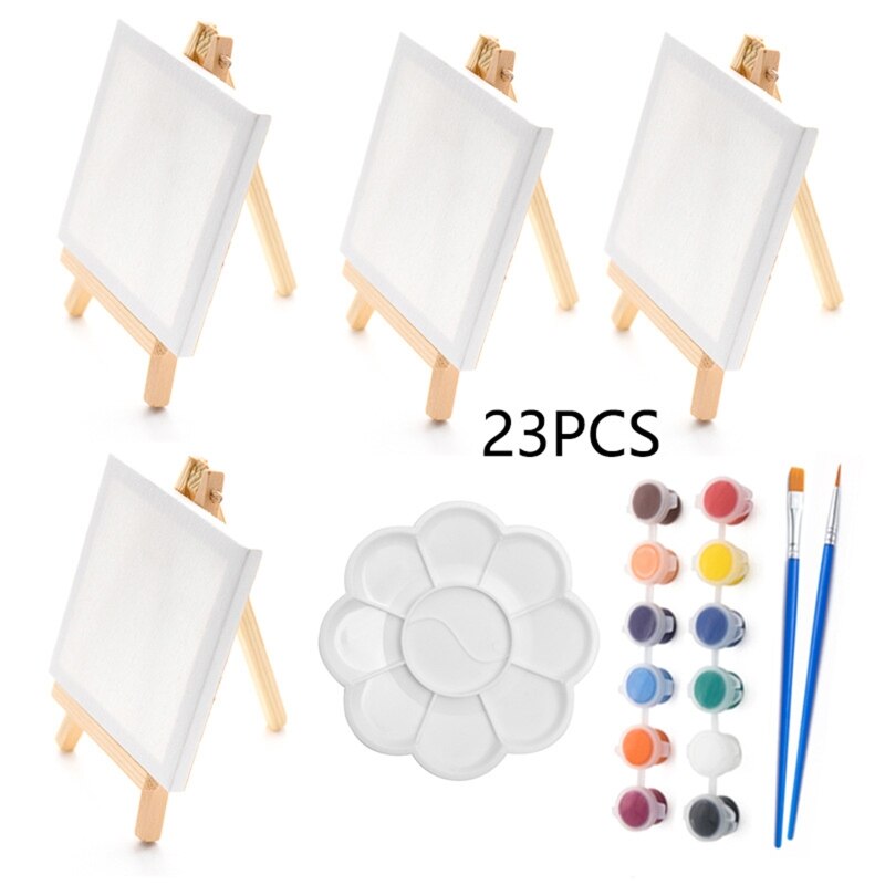 Y3NC 23 Pieces Mini Canvas Painting Set Small Canvas and Easel Kit Includes Acrylic Paint Paintbrush Palette for Kids School