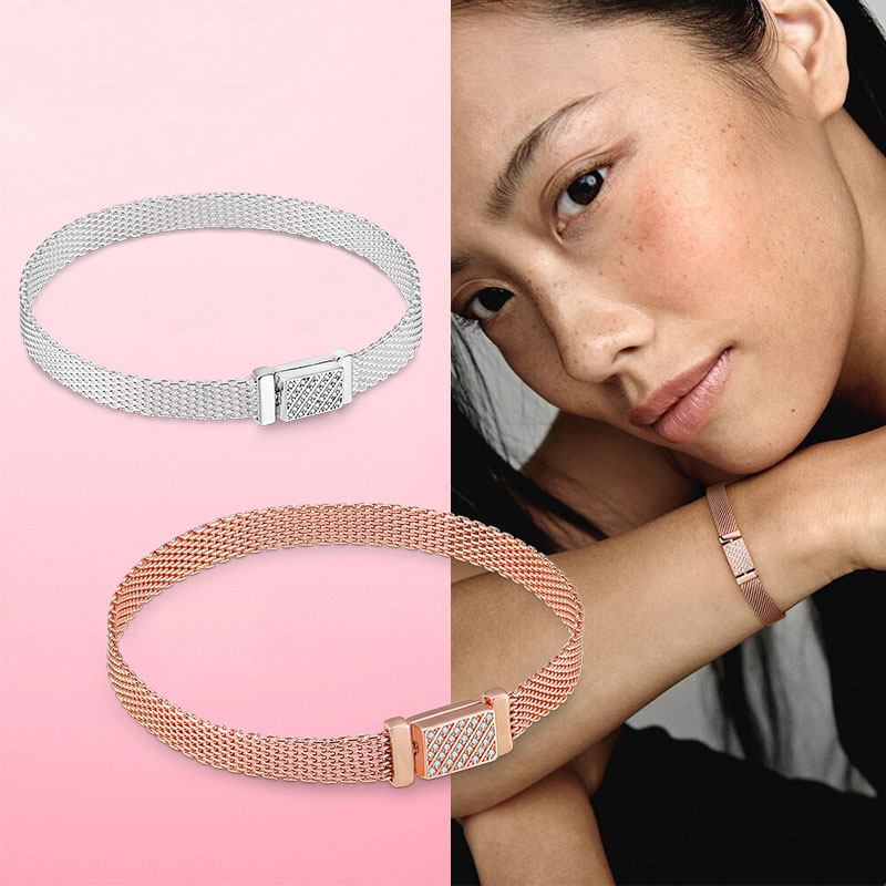 Silber Armband 925 Sterling Silber &amp; Rose Gold Cubic Zirkon Verschluss Reflexion Armband für Frauen DIY Silber Schmuck