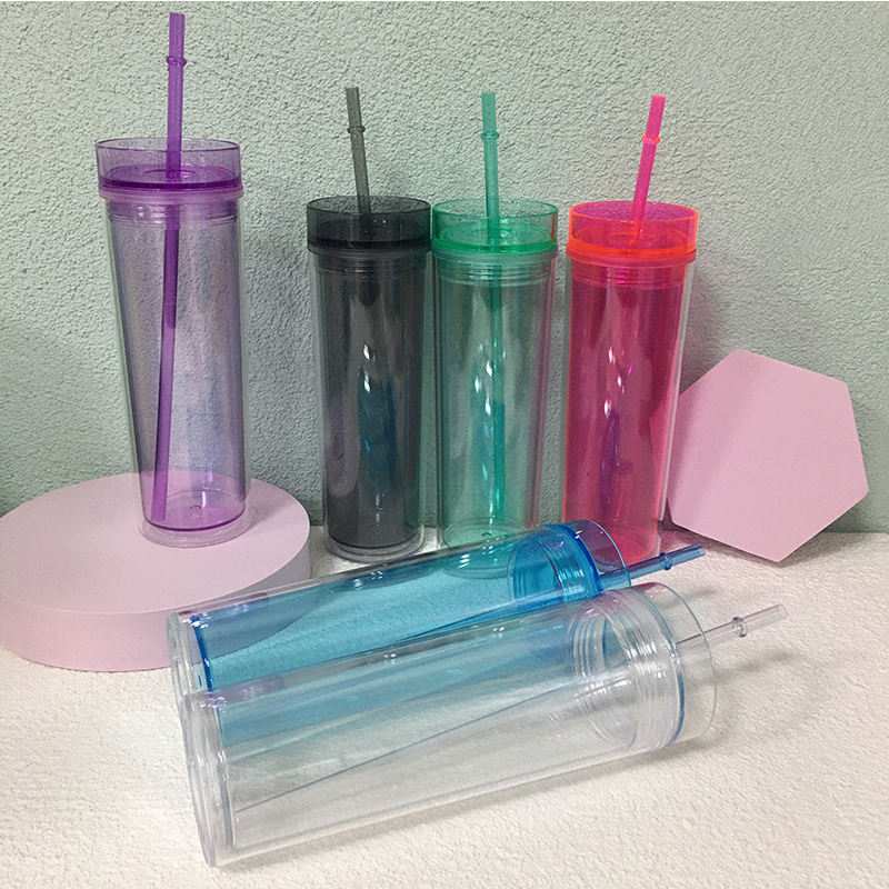 16oz Acrylic Clear Skinny Tumbler With Lid And Straw Plastic 6 colors Tumbler Insulated Water Bottle For Party