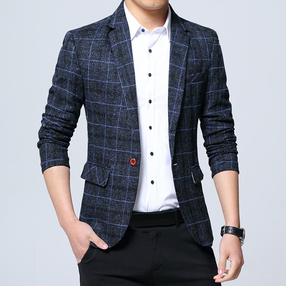 Mode Mannen Blazers Plaid Revers Slanke Blazer Jacket Coat Een Knop Pak Mannen Kleding Мужская Куртка