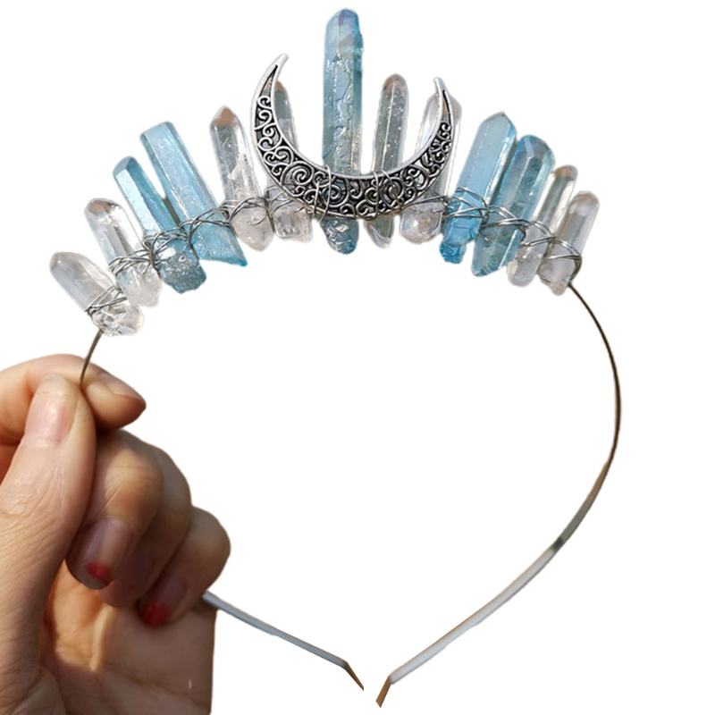 Handmade Faux Raw Crystal Headband Quartz Black Moon Bridal Alloy Tiara Crown Ladies Wedding Party Bridal Jewely Headdress: 14