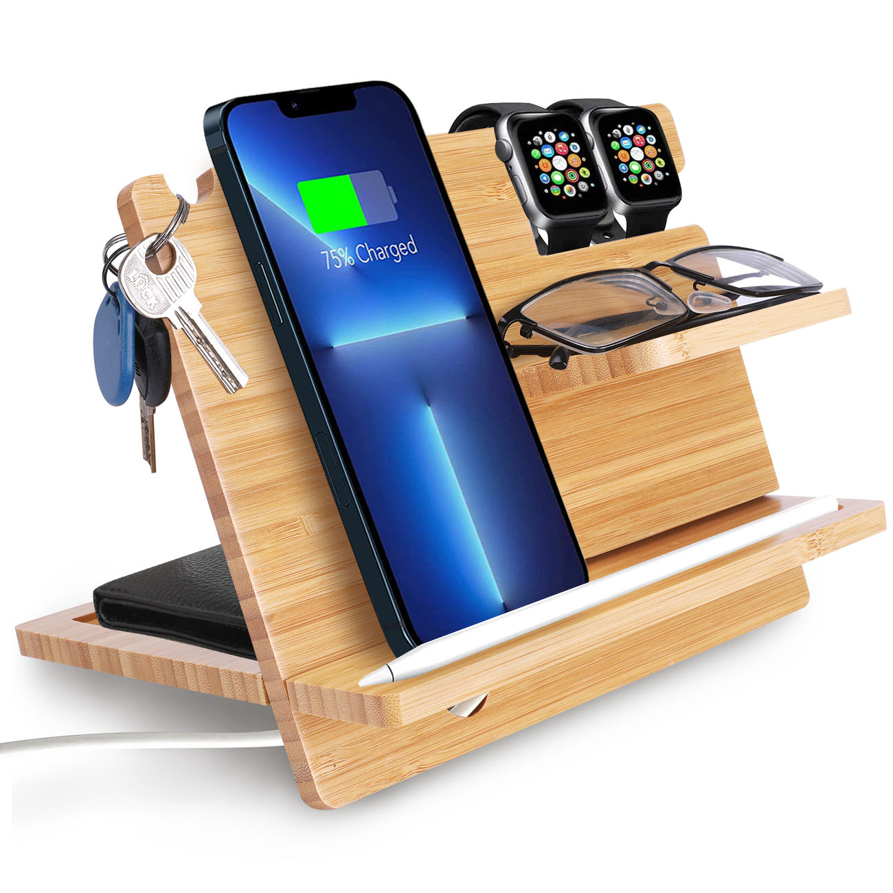 iCozzier Bamboo Multiple Device Desktop Charging Dock Station Organizer Key Holder with Drawer for i Watch,AirPods,iPad,Tablets: Simple two-plate