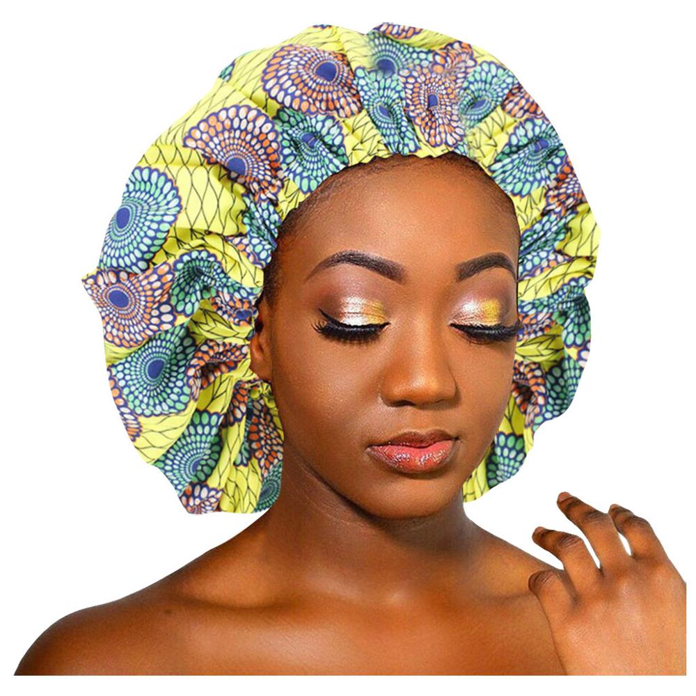 African Pattern Ankara Print Bonnet Women Night Sleep Cap Satin Lining Soft Extra Large Head Wear Ladies Headwrap Hair Care Hat: YELLOW