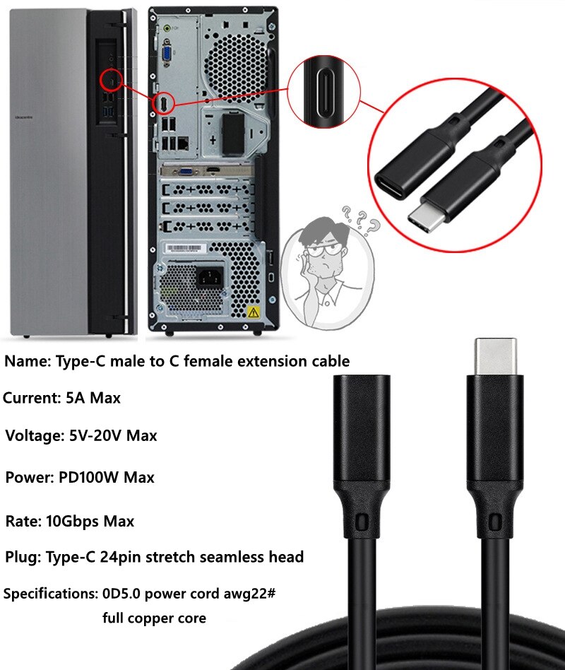 10Gbps Gen2 Typ-C USB 3,1 Männlichen zu USB-C Weiblichen 100W Lade Kabel Extender Cord reversible 0,2 m -5m