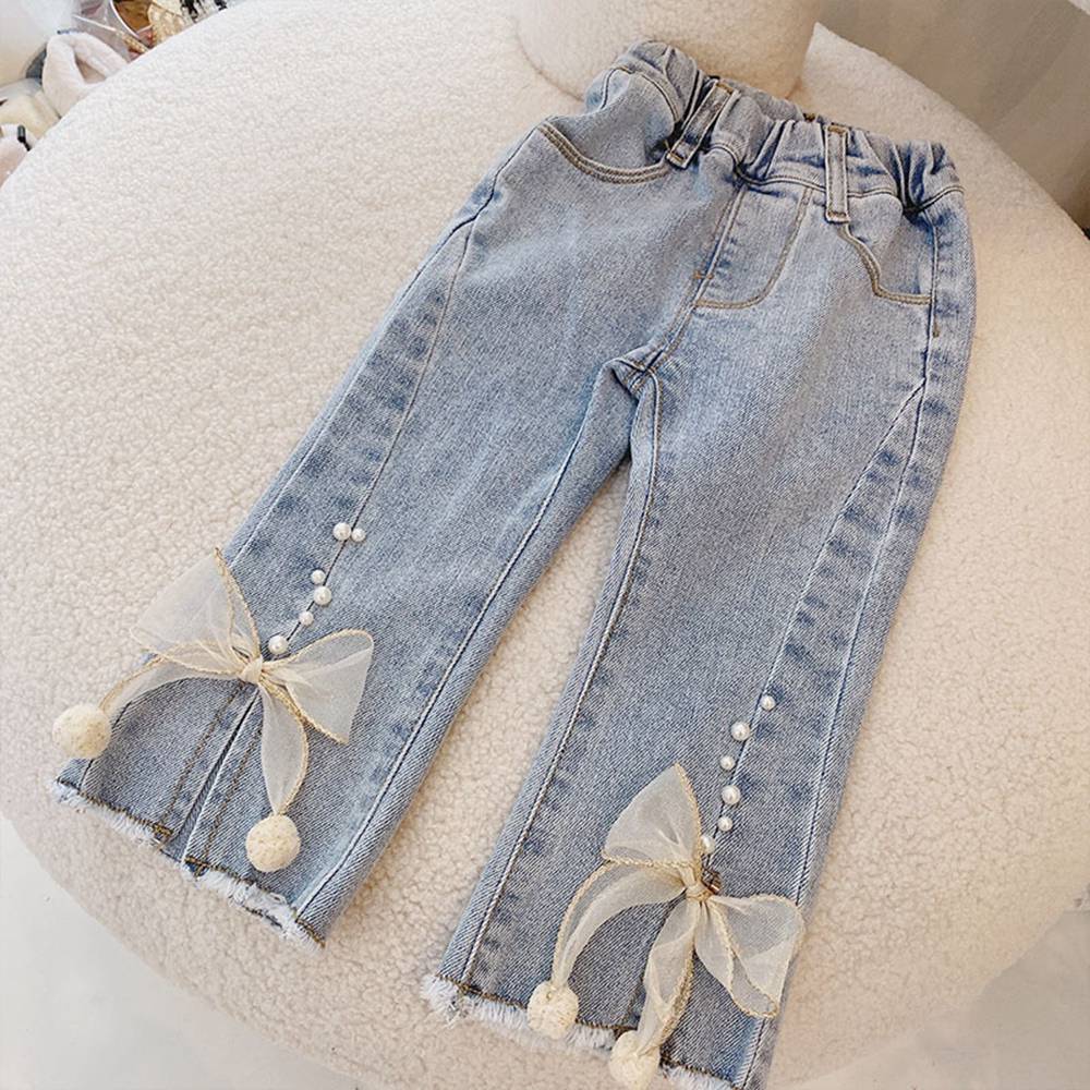 Fashion Girls Kids Princess Jeans Pants 2021 Spring Autumn Long Children Baby Bow in rilievo pantaloni larghi in Denim S12013: 4T