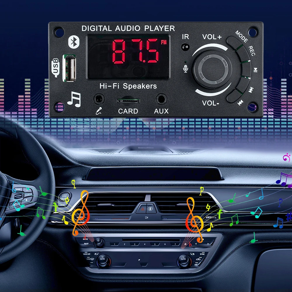 Wzmacniacz 100W Bluetooth 5.0 DIY Dekoder MP3 WAV Płytka DC 12V 50W Bezprzewodowy samochodowy odtwarzacz USB MP3 Gniazdo karty TF USB FM z mikrofonem 3,5 mm