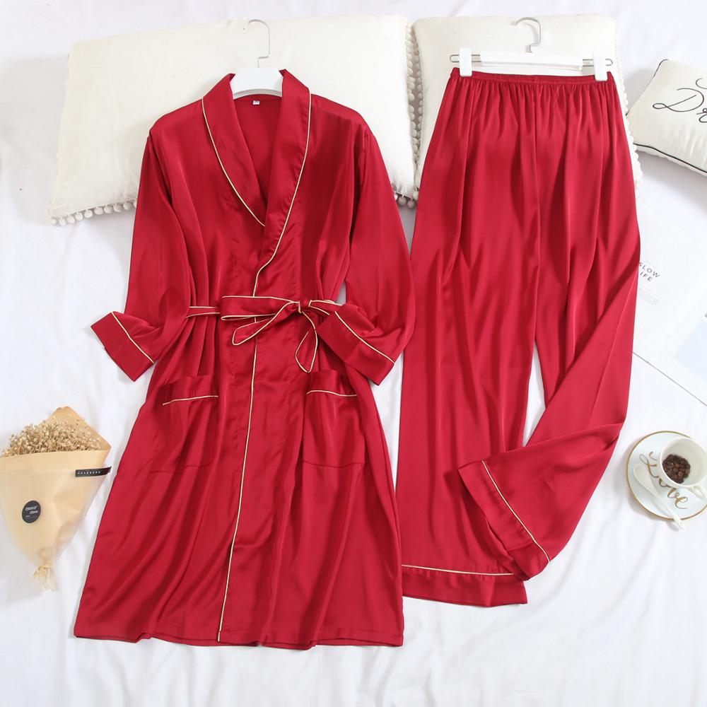 Spring and autumn men long sleeved pajamas ice silk thin type nightgown + trousers, simple lapel men home wear