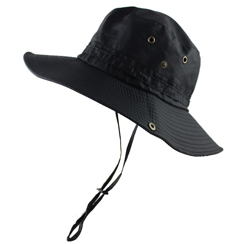 Upf 50+  letvægts solhat kvinder mænd mesh bucket hat sommer fiskeri vandrehue uv beskyttelse flap åndbar strand hat udendørs: Sort