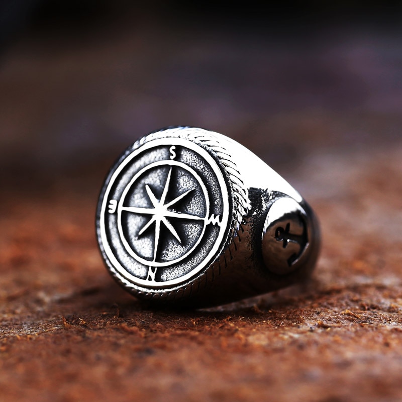 Beier Updated 316L Stainless Steel Compass Ring Axe Gothic Viking Ring Amulet Jewelry