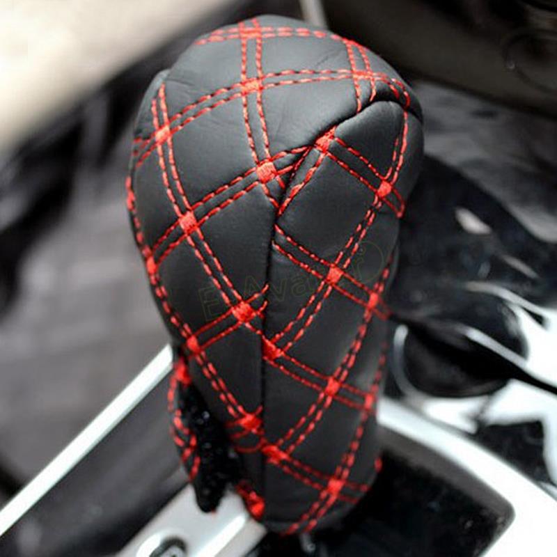 Car Auto Gear Shift HandBrake Hand Brake Cover Grid PU Cover Set Black Red and Balck white #EA10426