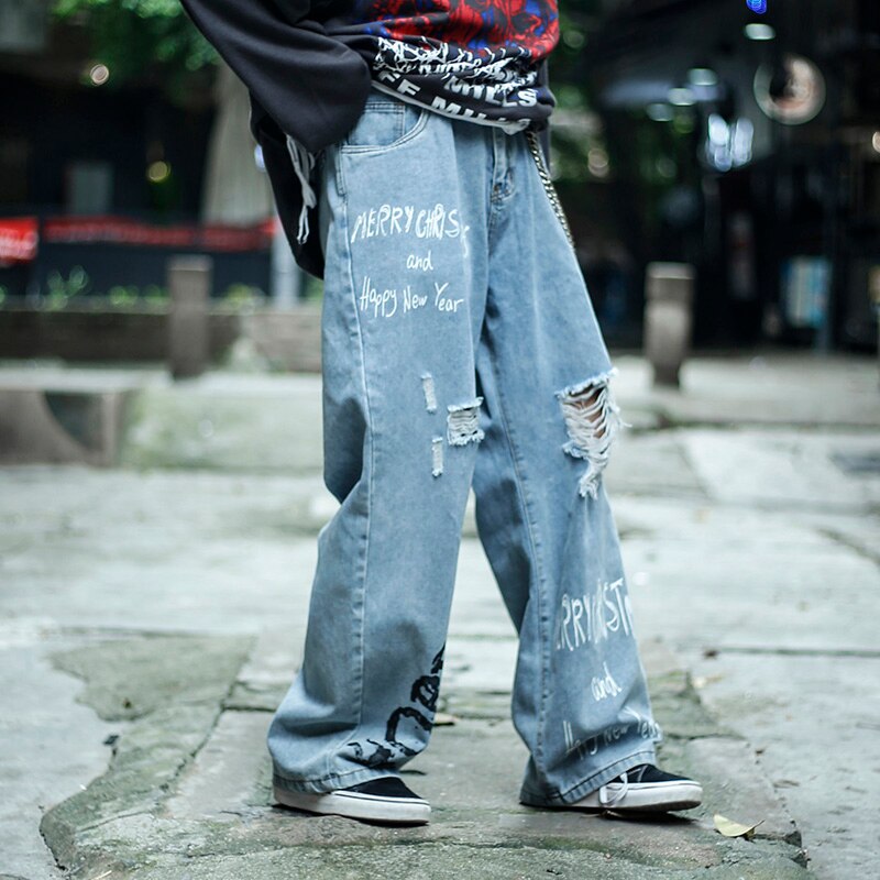 Graffiti print afslappet baggy beskadiget denim jeans hip hop hipster streetwear bukser mænd ødelægger punk rock bukser mandlige en -c026