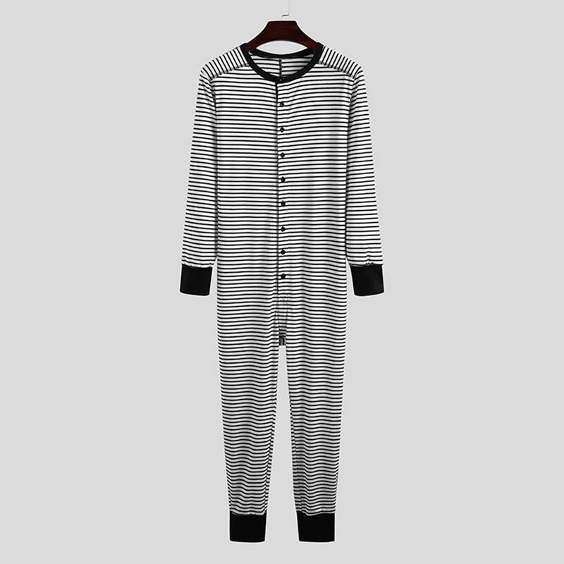 Men Striped Jumpsuit Homewear Skinny Leisure Long Sleeve O-Neck Button Soft Rompers Pajamas Cozy Mens Sleepwear Overalls: white / XXL