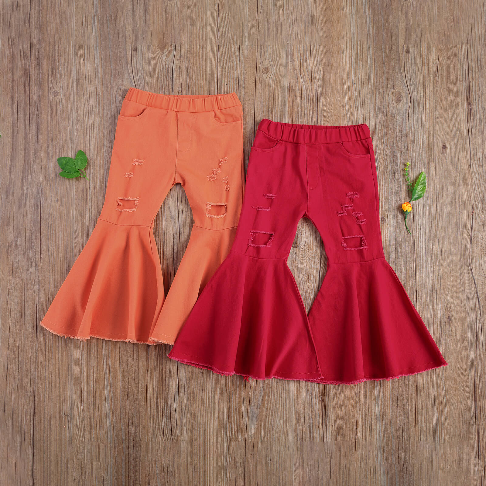 Meisjes Casual Lange Broek, Effen Kleur Elastische Taille Uitlopende Broek Met Zakken En Gebroken Gaten, Rood/Oranje