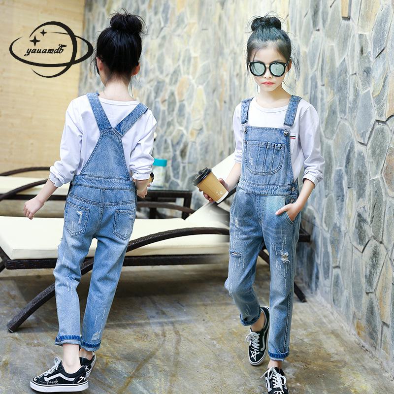 Monos de para niños, monos vaqueros para niñas de 6-15 años, pantalones vaqueros a rayas, ropa para niños, pantalones con agujeros, ropa Y52