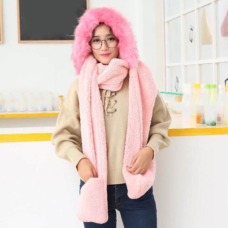 Dames meisjes muts sjaal handschoen driedelig trendy winddicht fietsen schattig pluche koraal fluweel warme capuchon sjaals handschoenen: Roze