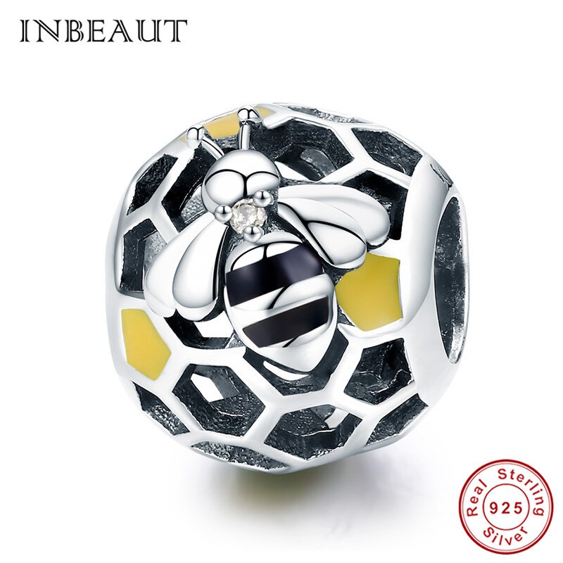 Inbeauté pingente de prata esterlina 100%, amarelo esmalte, abelha, redondo, marrom, zircônia cúbica, ninho de abelha, pulseira de marca fit
