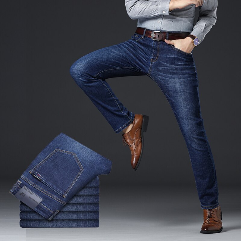Høst vinter blå jeans for menn klassisk stil business casual elastisk slim fit bomullsbukser merke herrebukser