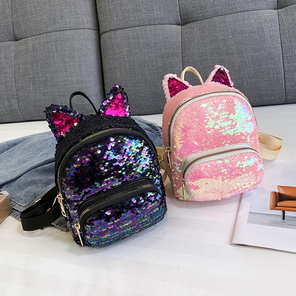Mochila de lentejuelas con orejas de gato para chicas, bolso escolar de viaje, con cremallera