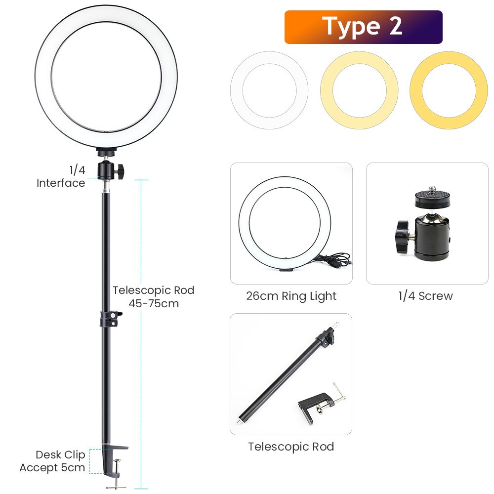 LED Ring Light - Dimmable Selfie Lamp with Stretchable Phone Holder Clip for Live Photo Studio: Type 2