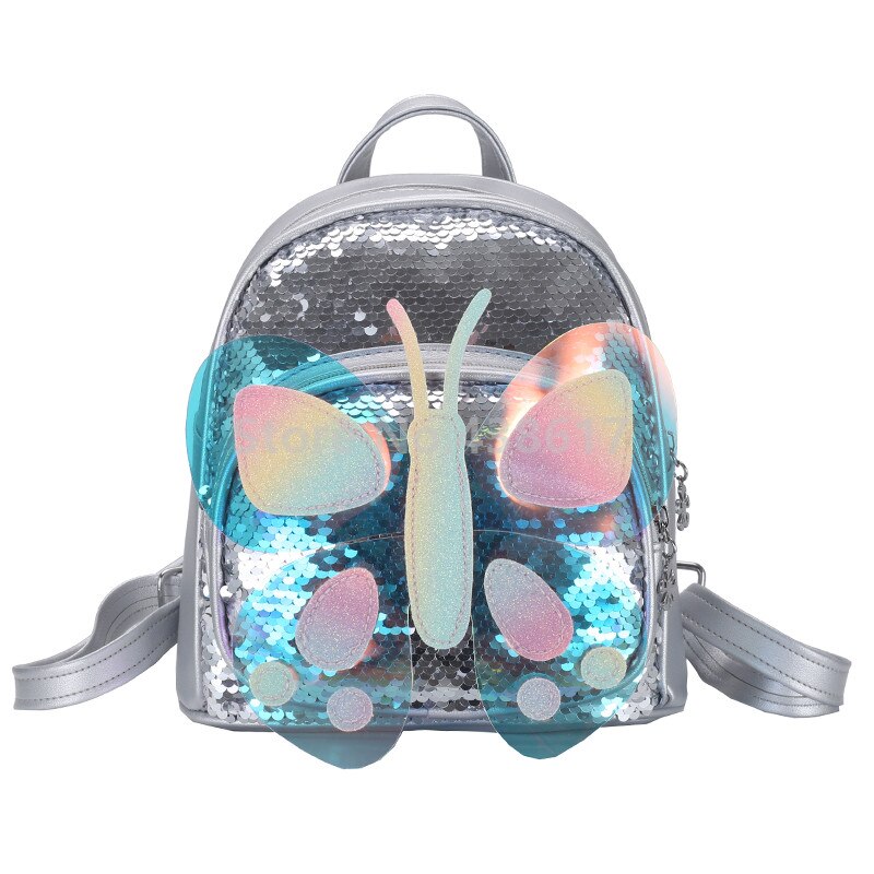 Cute 3D Colorful Butterfly PU Sequin Toddler Backpack School Bag For Girls Kindergarten School Kids Small Bags: Silver