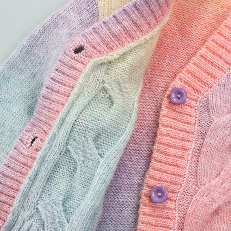 0-10Y Winter Fall Children Girl Sweater Cardigan Sweet Rainbow Gradient Twist Round Neck Long Sleeve Button Pullovers/Coats