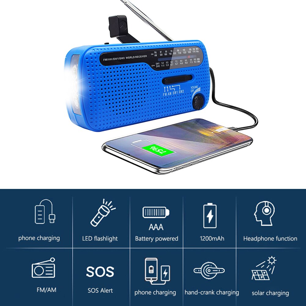 Solar Hand Crank Radio Portable AM/FM Radio with LED Flashlight for Outdoor Multifunctional Flashlight Emergency Power Supply