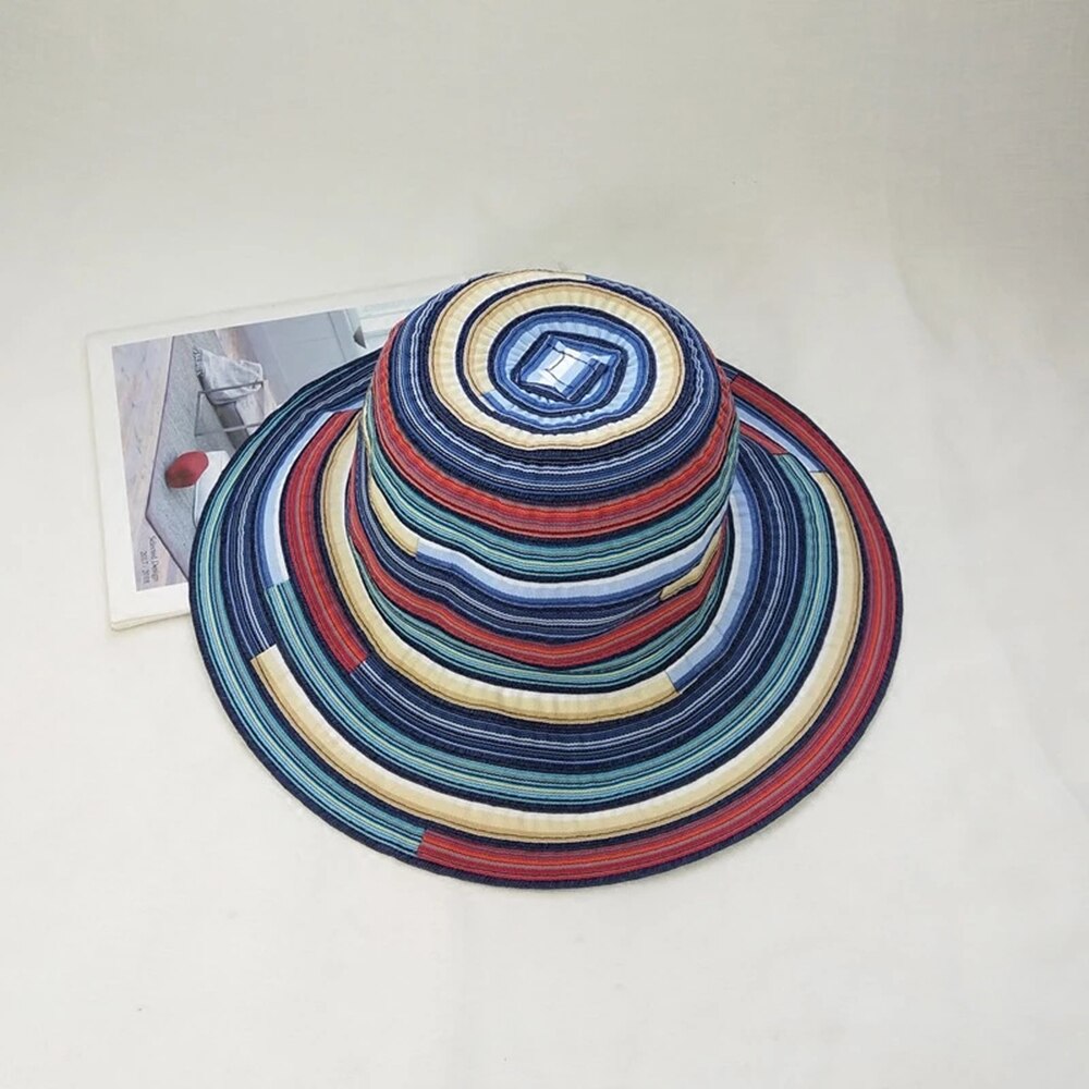 Sommer kvinner hattemaker avlet side solhatt bøttehette kvinner reiser stripet Strand sammenleggbare bomullshatter jenter solhatt: 2