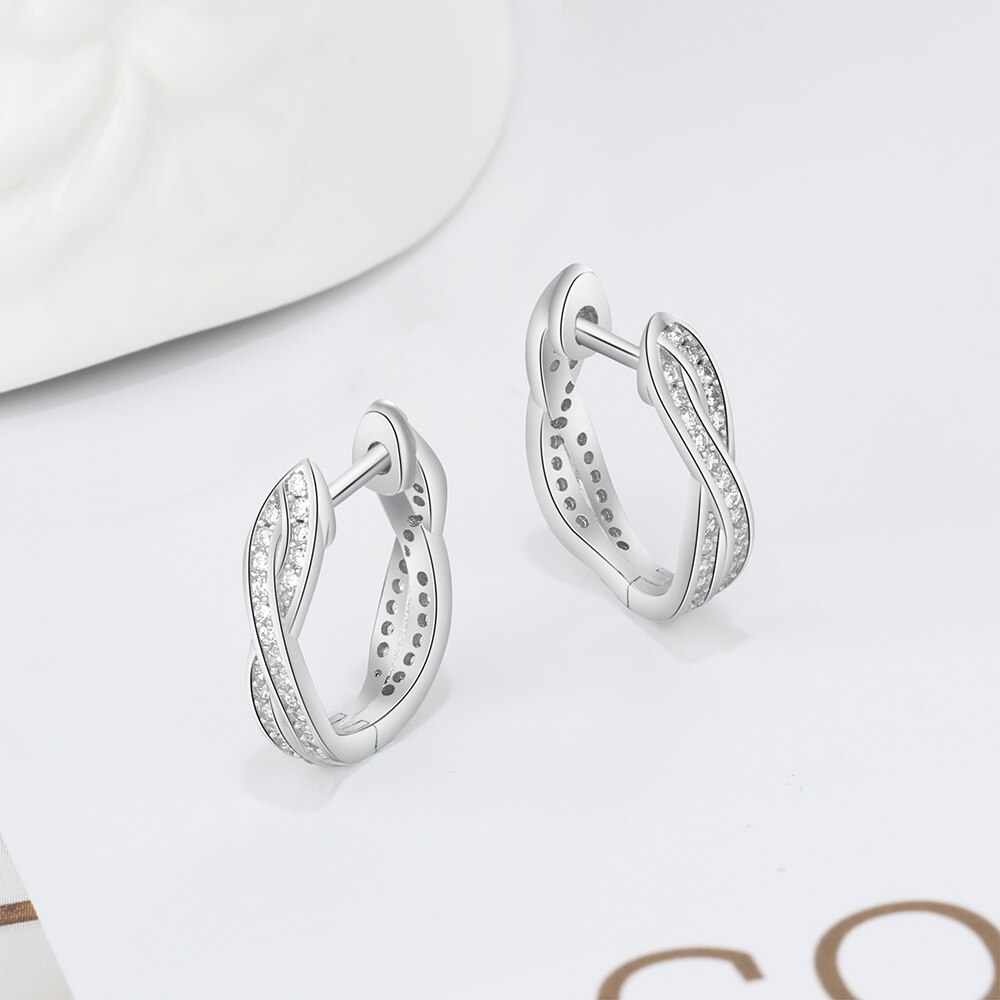 Classic Real 925 Sterling Silver Hoop Earrings Cubic Zirconia Twisted Earrings for Women Silver 925 Fine Jewelry (Lam Hub Fong)