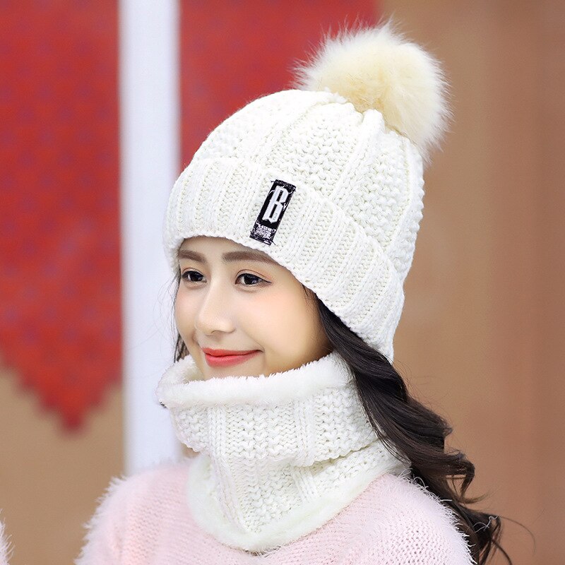 Tørklæde og hat sæt kvinder vinter plus fløjl fortykning hatte strikket trendy varme tørklæder koreanske kvinder solid sød studerende dagligt: Hvid