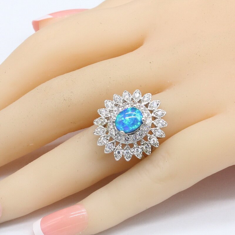 Zilveren sieradensets met blauwe opaal voor dames, kettinghangers, oorbellen en hemelsblauwe kristallen zirkonia armbanden
