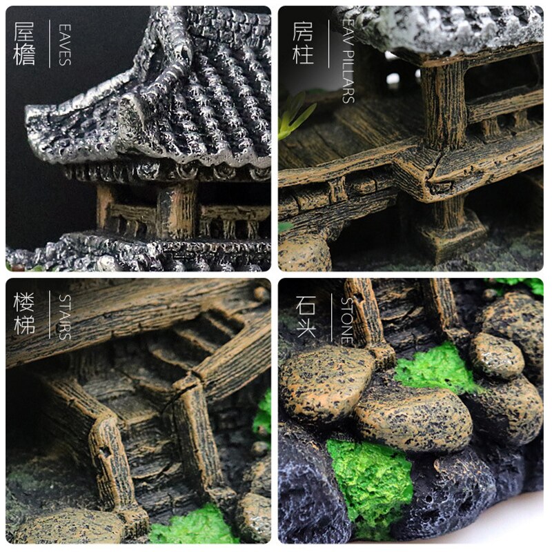 Fish Tank Landscaping Rockery Aquarium Decorative Landscaping Resin Retro Chinese Ornaments Style Jiangnan Hut Water Town
