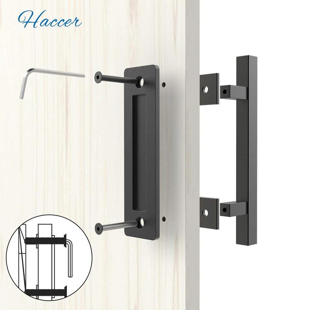 HACCER 12&quot; Heavy Duty Pull Handle Sliding Barn Door Handle Flush Pull Set Carbon/Stainless Steel Square Shape Door Hardware