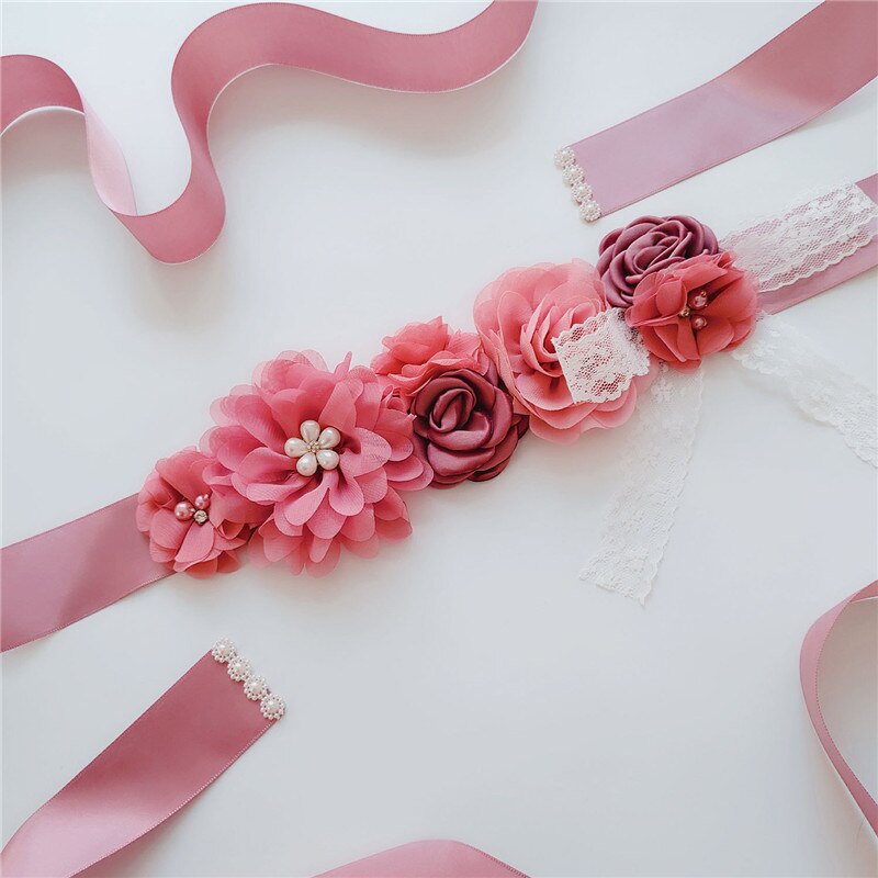 Nuevos y creativos cinturones finos y largos de seda, fajín de señora con flores de gasa, lazo de encaje, accesorios de boda y: Nude Pink