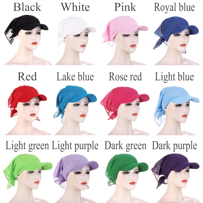 1PC Women Durag Brim Cap Sun Visor with Pre-Tied Turban Caps Head Scarf Hijab Pure Color Muslim Beach Vacation Outdoor