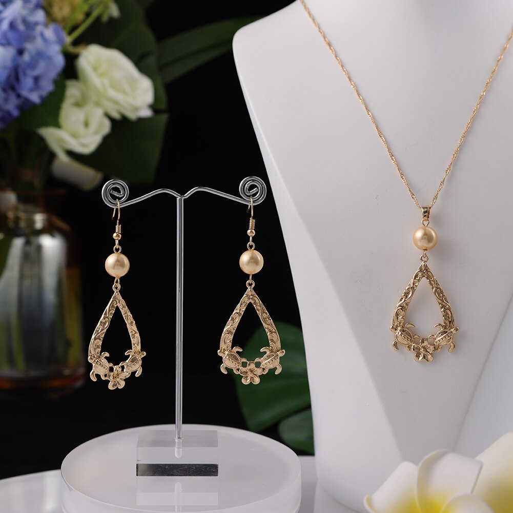SophiaXuan Hawaiian Jewelry Set Pink Pearl Necklace Polynesian Necklace Samoa Gold Plated Earrings Set for Women