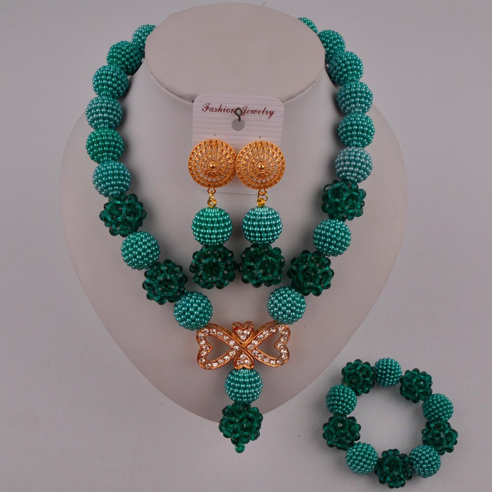Nigeriaanse bruiloft, prachtige bruidssieraden, afrikaanse sieraden, rode imitatieparel, kristallen sieradenset xx -82: Legergroen