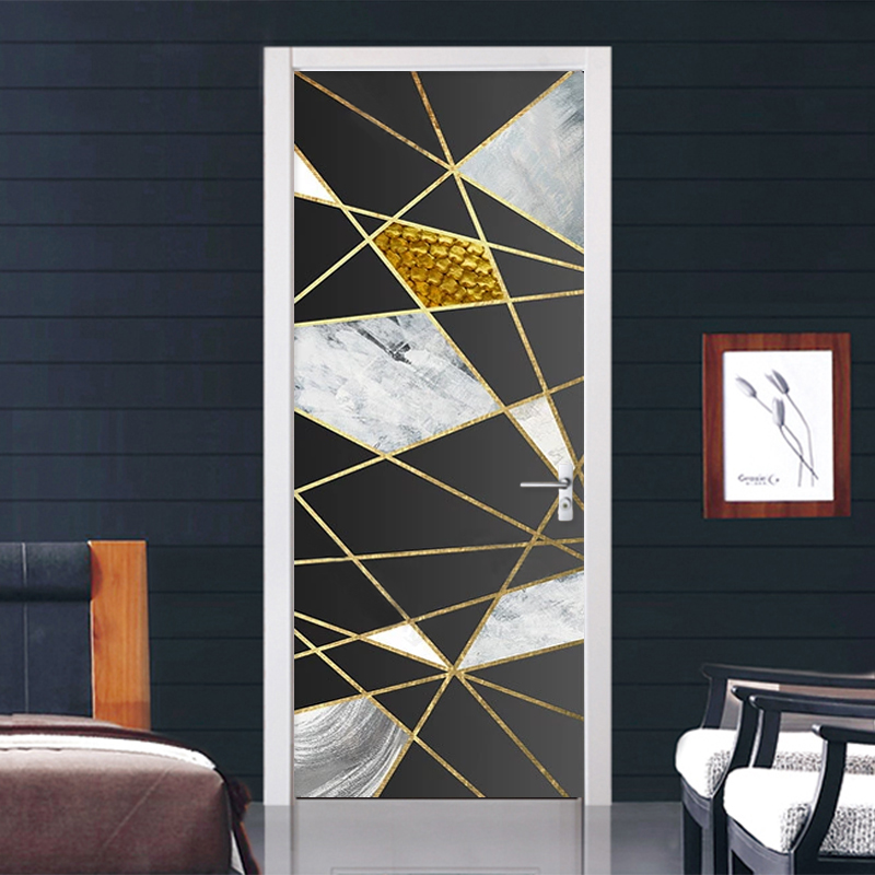 PVC Door Sticker Modern Golden Line Geometric Marble Pattern Wall Decor Living Room Kitchen Self-Adhesive Waterproof Wallsticker