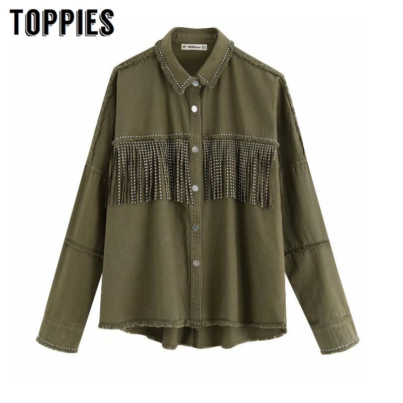 Toppies vårtofsar för bröst jeansjacka lös armégrön knappkappa kvinna jeansjacka oregelbunden fåll streetwear