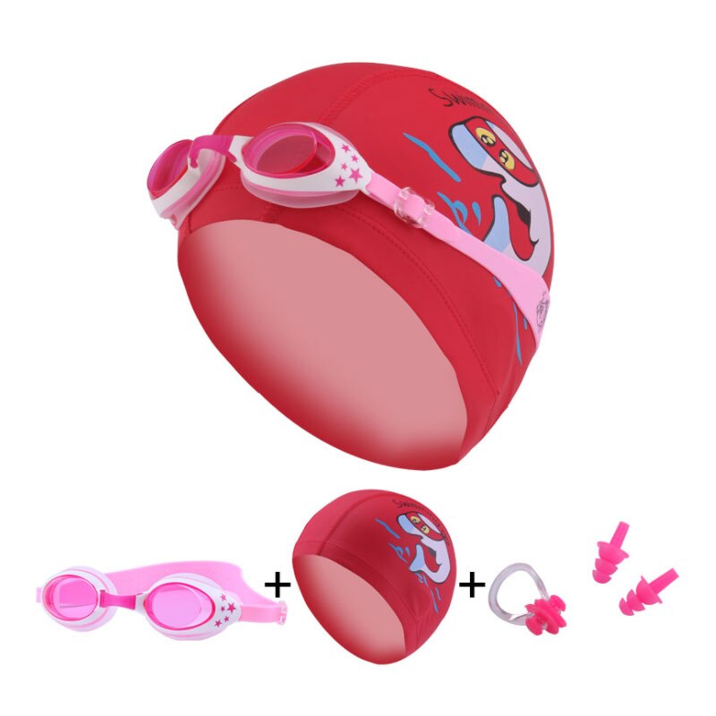 Kinderen Zwembril Siliconen Shark Caps Duiken Bril Oor Plug Neus Set Waterdichte Kids Zwemmen Zwembad Brillen Meisje Jongen: Red Dolphin