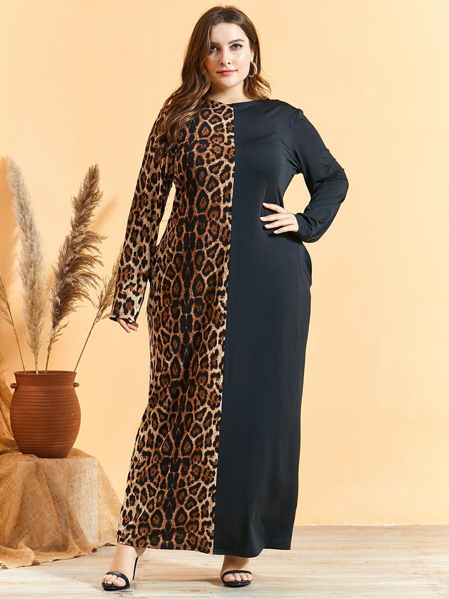 Løs oversize plus size kjole kvinder langærmet leopardprint patchwork maxi lange kjoler tyrkisk arab muslimsk kjole: L