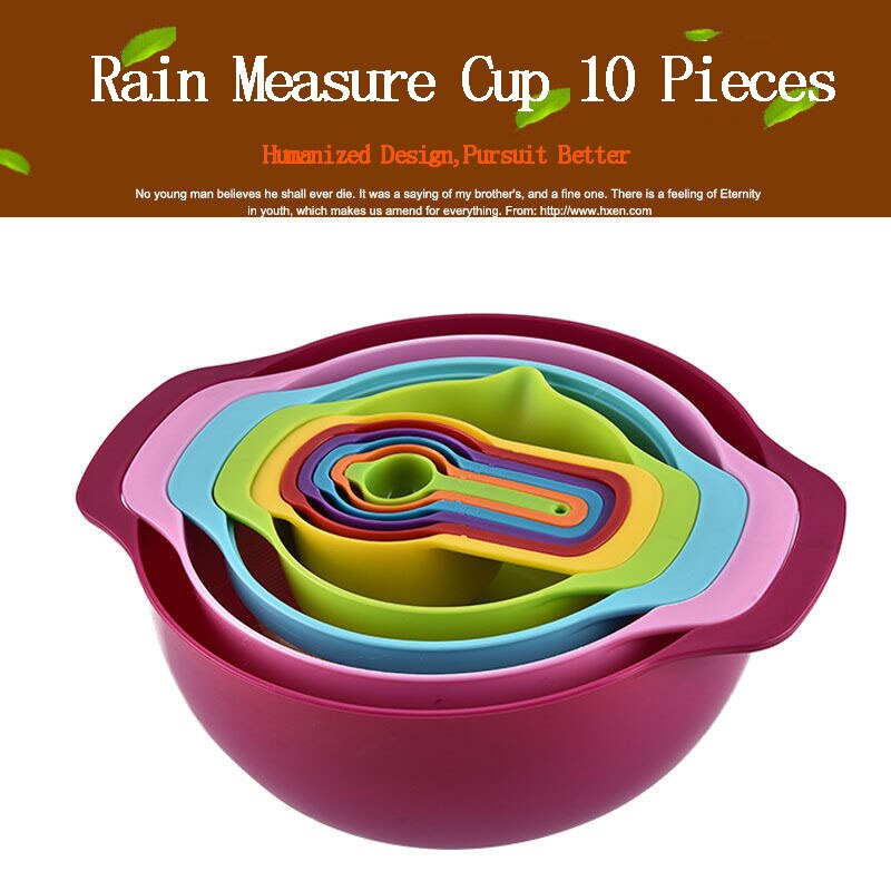 10Pcs Set Mixing Bowl Colour Measure Cup Spoons Baking Measurement Utensil Kitchen Measuring Colander Colander Sifter Tool