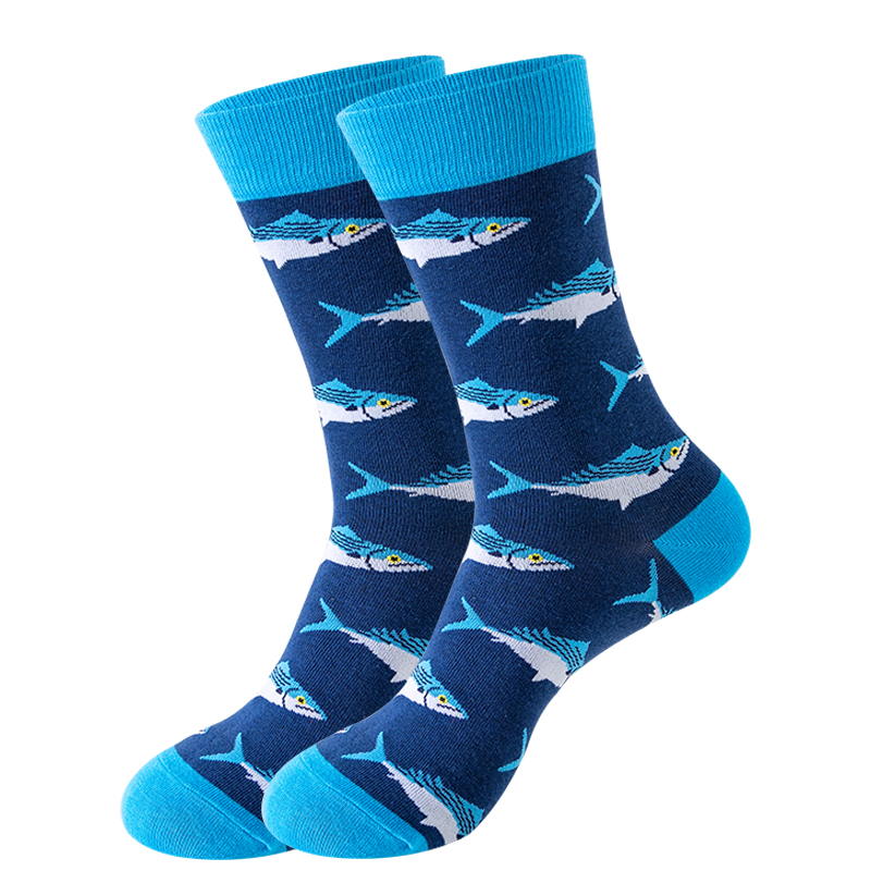 Nuevos calcetines de para hombre Harajuku japonés calcetines de dibujos animados felices caballito de mar cangrejo camarones calcetines de Coral tendencia medias masculinas calcetines divertidos: Blue White