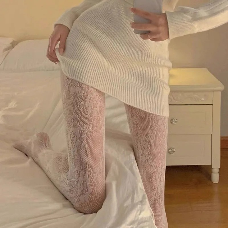 Lolita Uitgehold Kant Mesh Kousen Vrouwen Sexy Zwart Wit Bloem Rotan Panty Club Party Visnet Sokken Pantyslangen