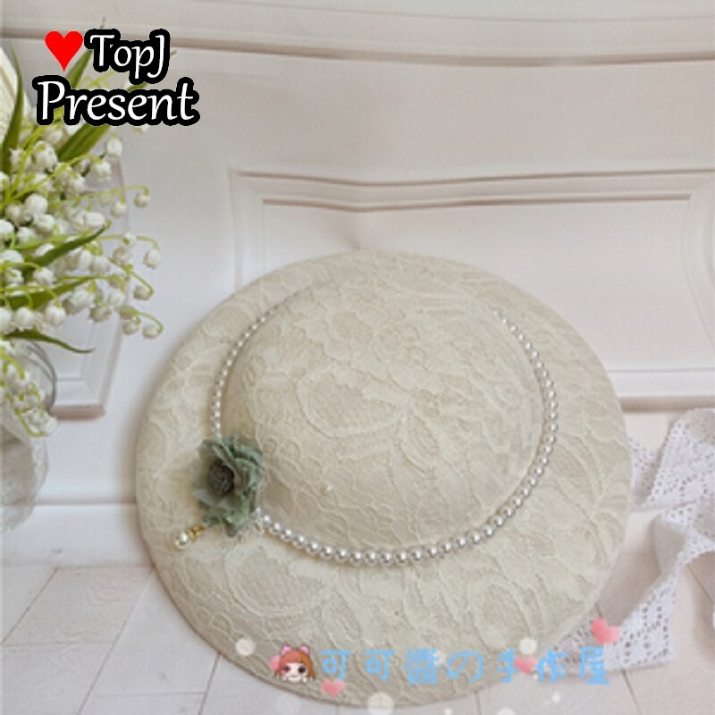 Lolita Hanyang eclectic hat retro linen flat hatGorgeous Hand made hat Ming Hanfu pearl bandage: White 7