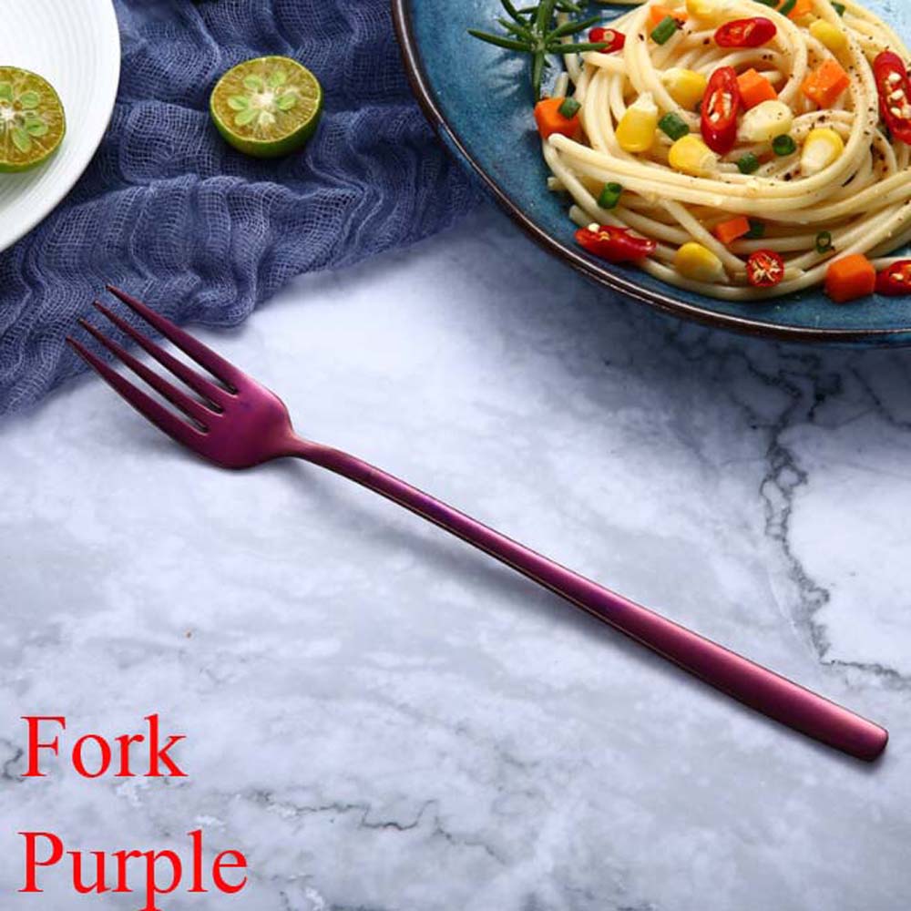 Cuillères et fourchettes à Long manche | Couleur arc-en-ciel en acier inoxydable, cuillère à soupe cuillère glaces thé cuillère à café vaisselle de table, couverts de maison: Fork purple