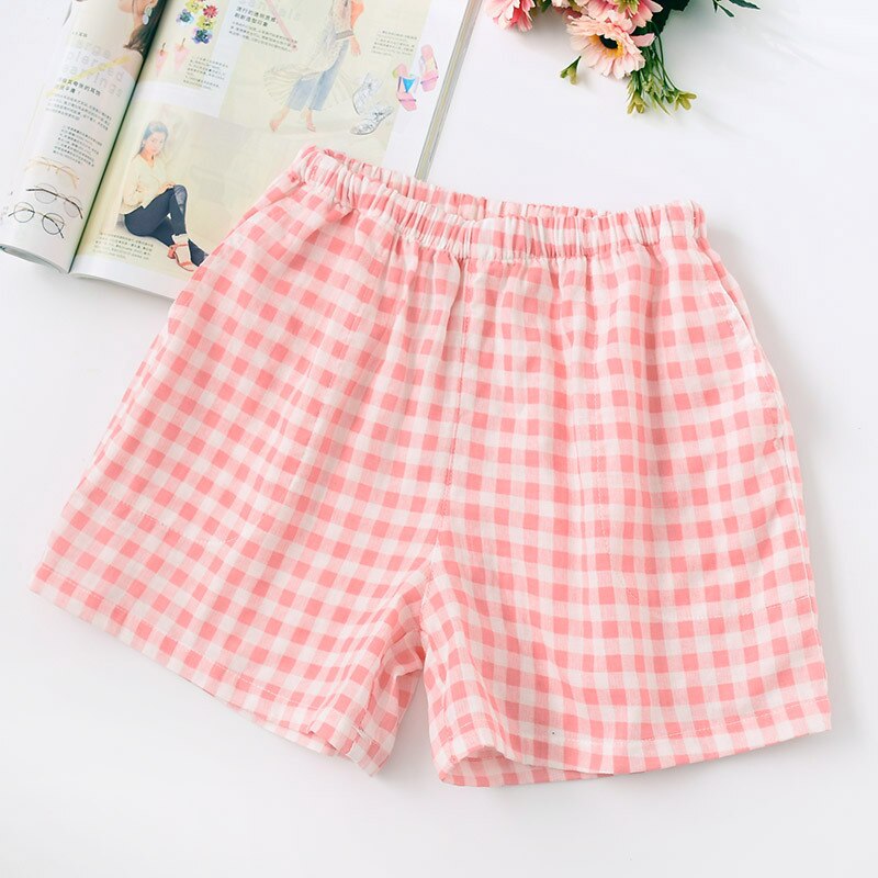 Pantalon pyjama d'été à carreaux en gaze de coton pour homme et femme, bas de nuit, fin, vêtements de nuit,: Women pink / XL